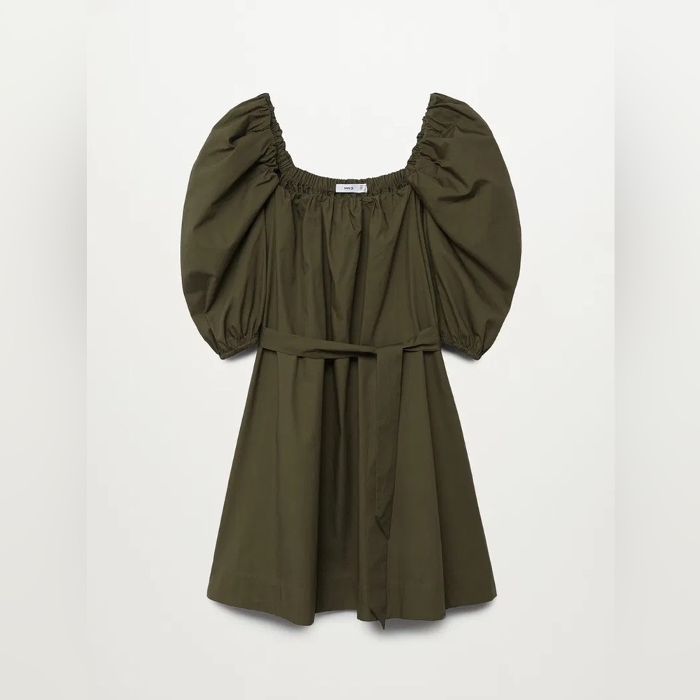 MANGO Khaki Cotton Poplin Off-Shoulder Dress with Puff Sleeves - Picture 3 of 11